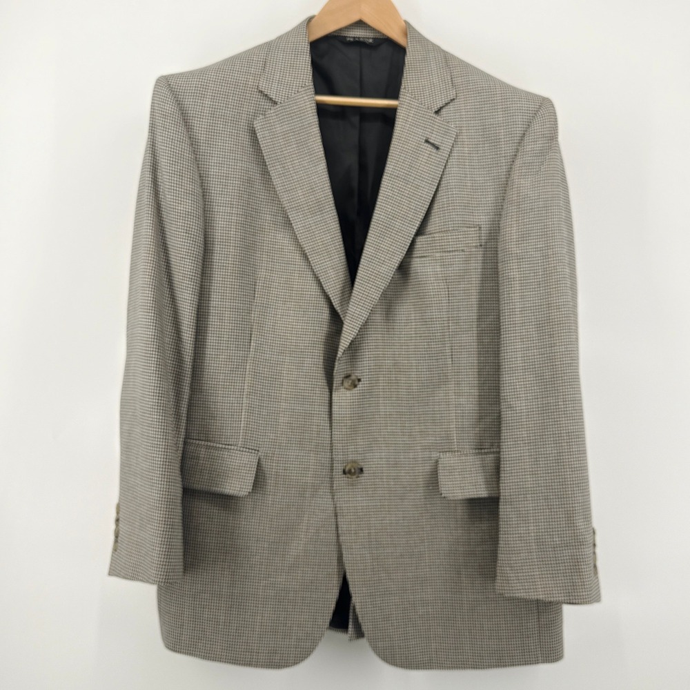 Jos A Bank 42R‎ Houndstooth Wool Silk Blazer Sport Coat Mens Brown Tan
